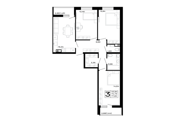 Планировка 3-комн 77,6 м²