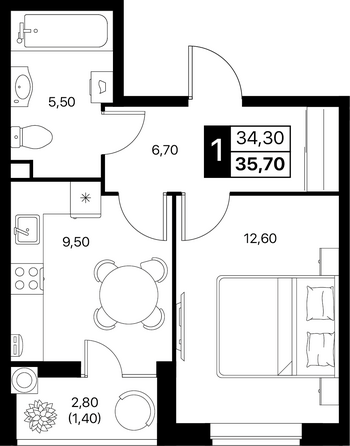 Планировка 1-комн 35,7 м²