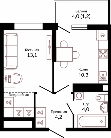 Планировка 1-комн 32,8 м²