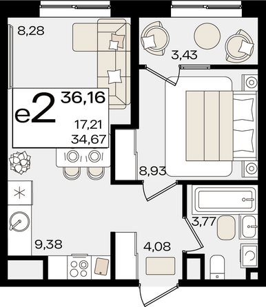 Планировка 2-комн 36,16, 36,43 м²