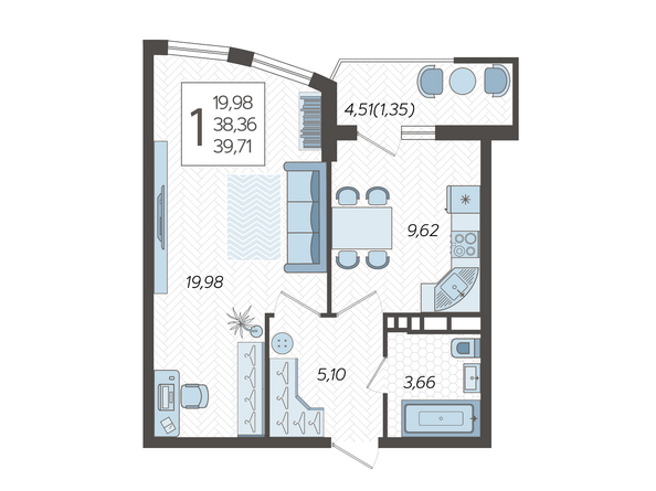 Планировка 1-комн 39,71 м²