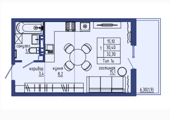 Планировка 1-комн 32,3 м²