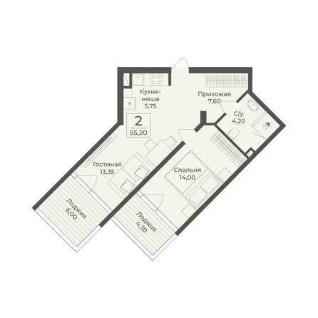 Планировка Апартамент 54,75 - 55,35 м²