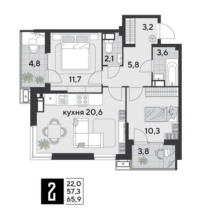 Планировка 2-комн 65,9 м²