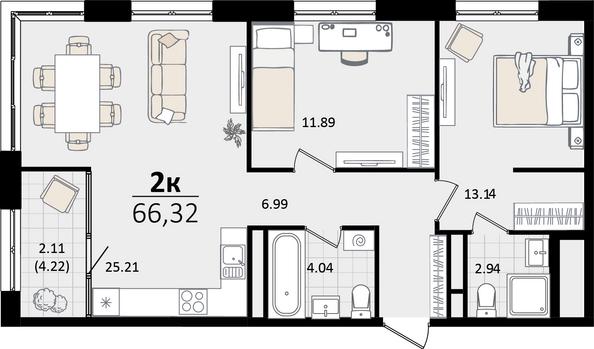Планировка 2-комн 66,32 м²