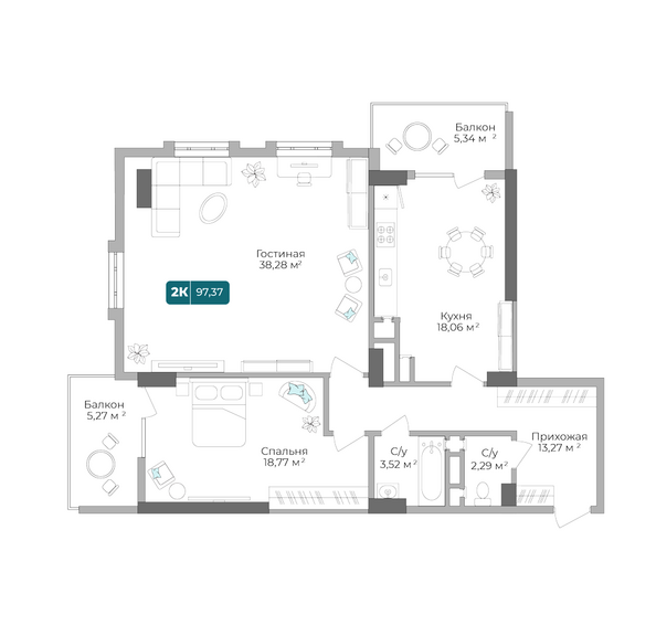 Планировка 2-комн 97,37 м²