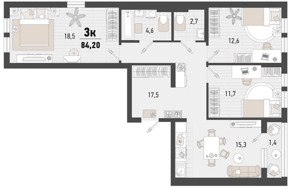 Планировка 3-комн 84,2 м²