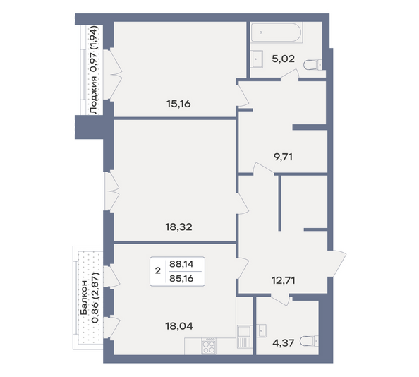 Планировка 2-комн 88,14 м²