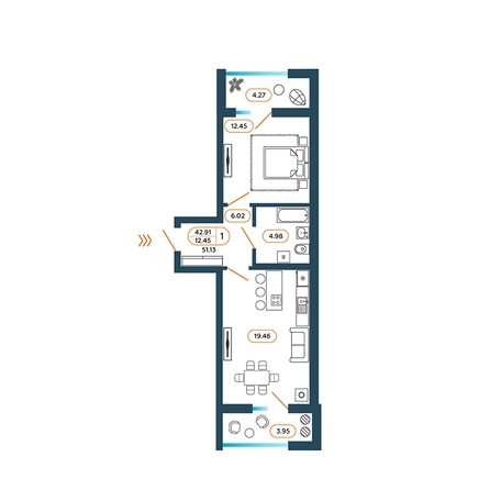 Планировка 1-комн 51,13 м²