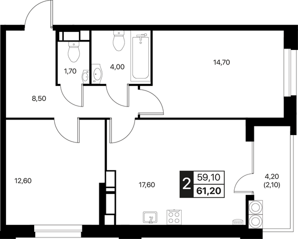 Планировка 2-комн 61,2 - 61,8 м²