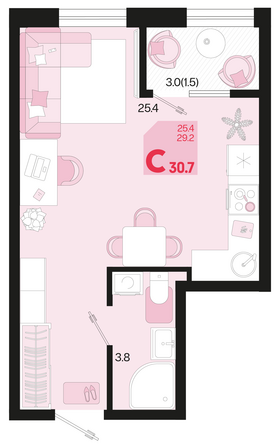 Планировка 1-комн 30,7 м²