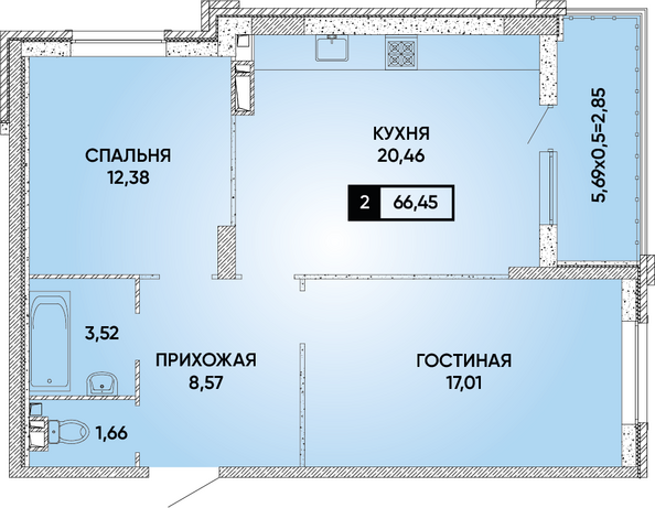Планировка 2-комн 66,45 м²