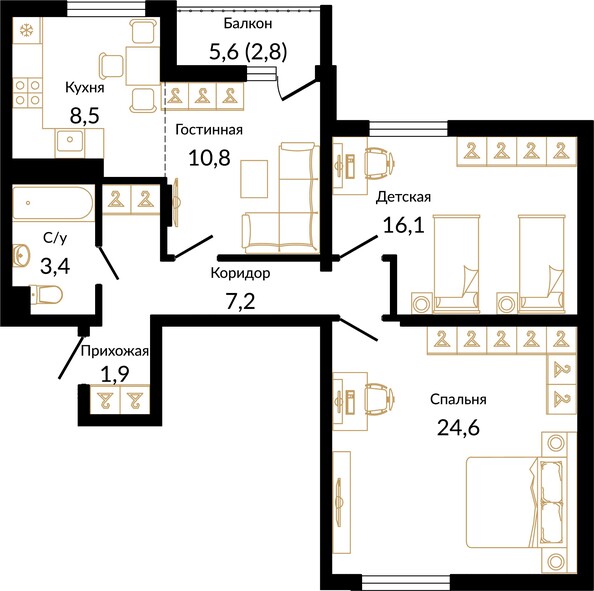 Планировка 3-комн 75,3 м²