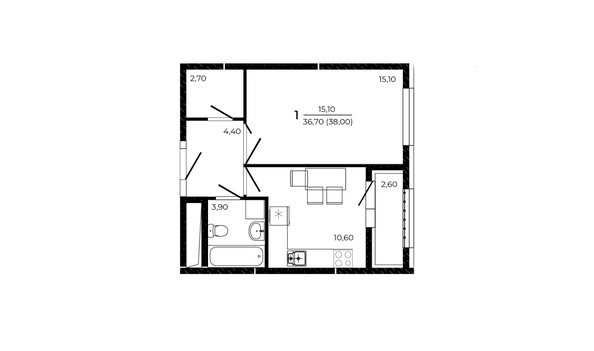 Планировка 1-комн 38 м²