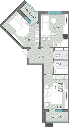 Планировка 2-комн 56,25 м²