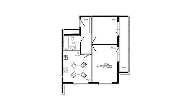 Планировка 2-комн 54,8 м²