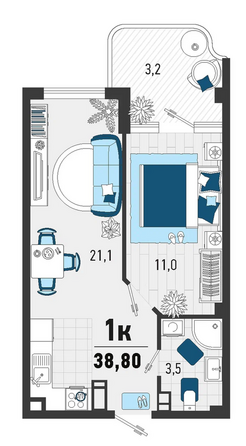 Планировка 1-комн 38,8 м²