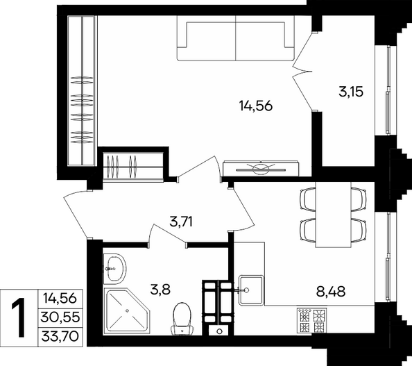 Планировка 1-комн 33,7 м²