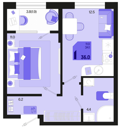 Планировка 1-комн 36 м²