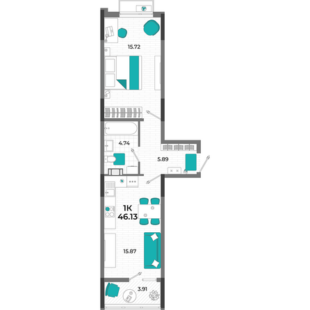 Планировка 1-комн 46,13 м²