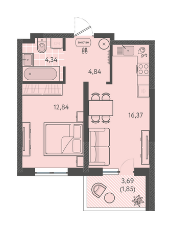 Планировка 1-комн 40,24 м²