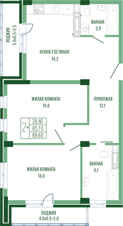 Планировка 2-комн 69,1, 69,9 м²
