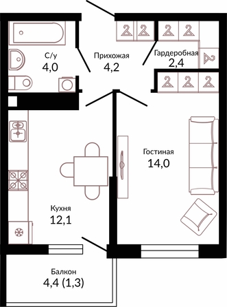 Планировка 1-комн 38 м²