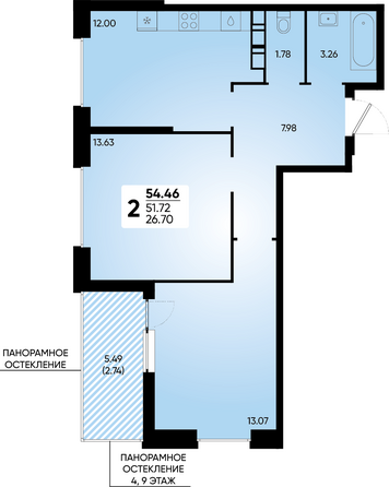 Планировка 2-комн 54,46 м²