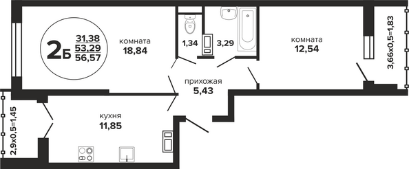 Планировка 2-комн 56,57 м²