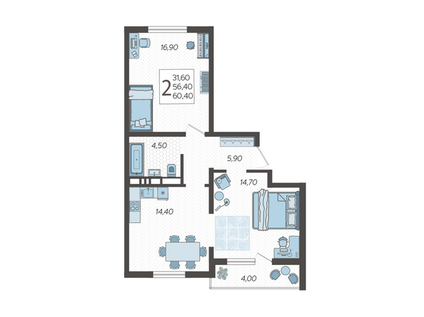 Планировка 2-комн 60,4 м²