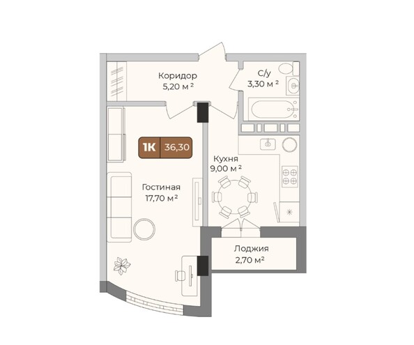 Планировка 1-комн 36,3 м²