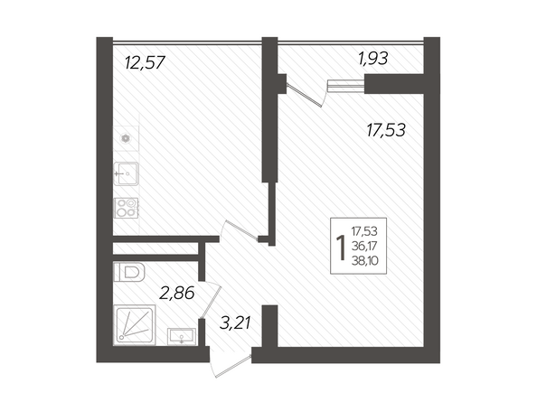 Планировка 1-комн 38,1 м²