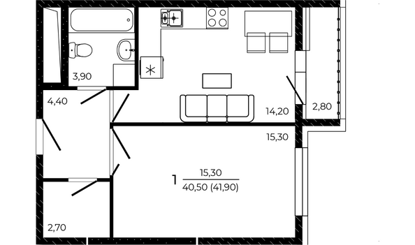 Планировка 1-комн 41,9 м²