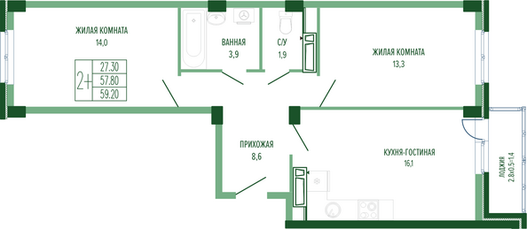 Планировка 2-комн 59,2 м²