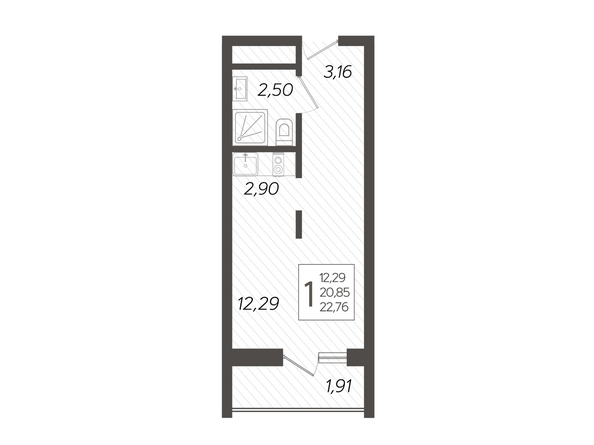 Планировка 1-комн 22,76 м²