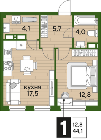 Планировка 1-комн 44,1 м²