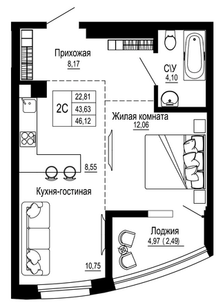 Планировка 2-комн 46,12 м²
