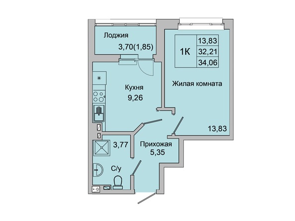 Планировка 1-комн 32,91 - 34,06 м²