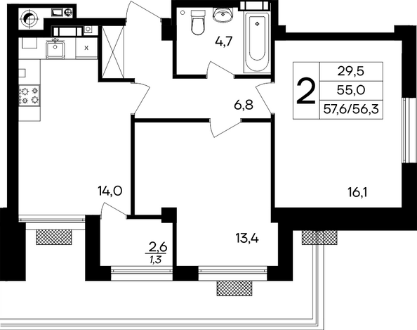 Планировка 2-комн 57,6 м²