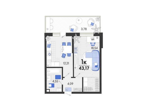 Планировка 1-комн 43,17 м²