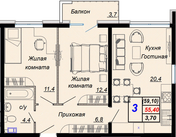 Планировка 3-комн 59,1 м²