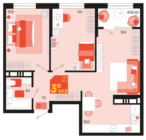 Планировка 3-комн 64,8 м²