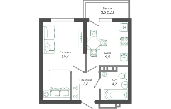 Планировка 1-комн 33,3 м²