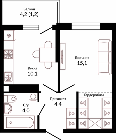 Планировка 1-комн 34,8 м²