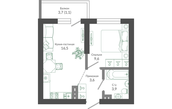 Планировка 1-комн 34,7 м²