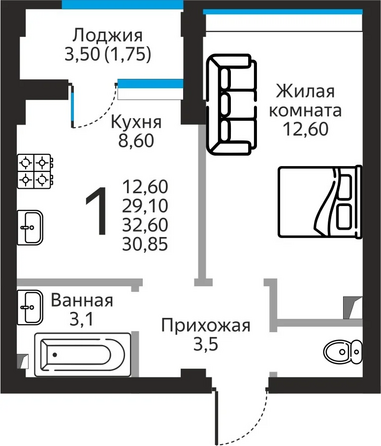 Планировка 1-комн 30,85 м²
