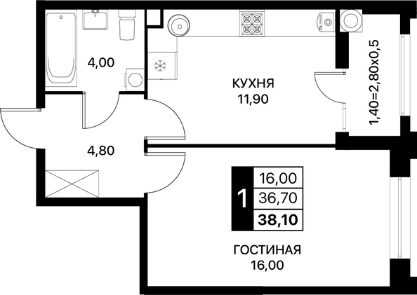 Планировка 1-комн 37,8, 38,1 м²