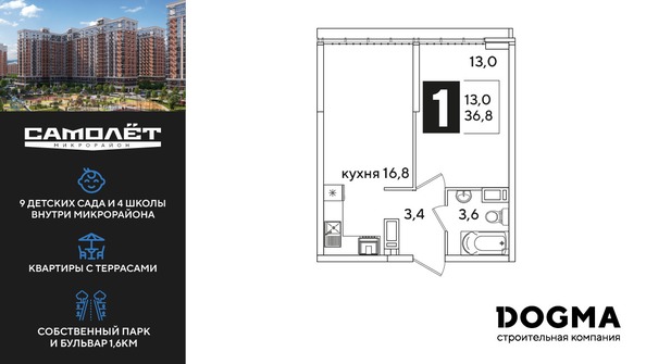 Планировка 1-комн 36,8 м²
