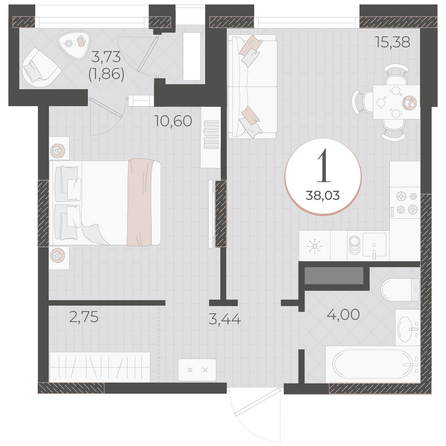 Планировка 1-комн 38,03 м²