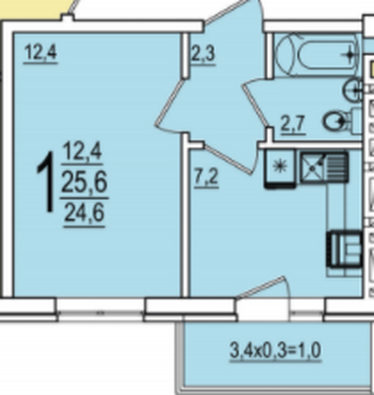 Планировка 1-комн 25,6 м²